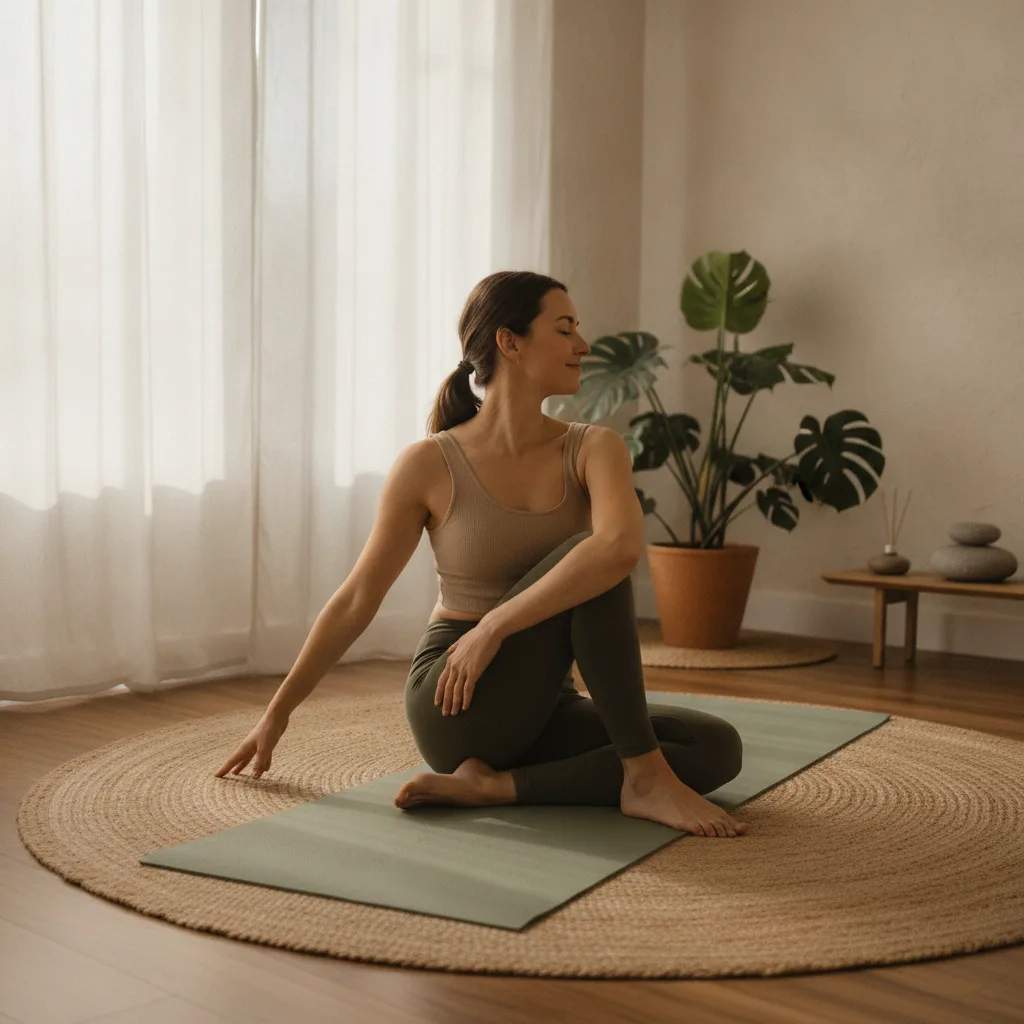 Woman in a gentle spinal stretch, serene and grounded